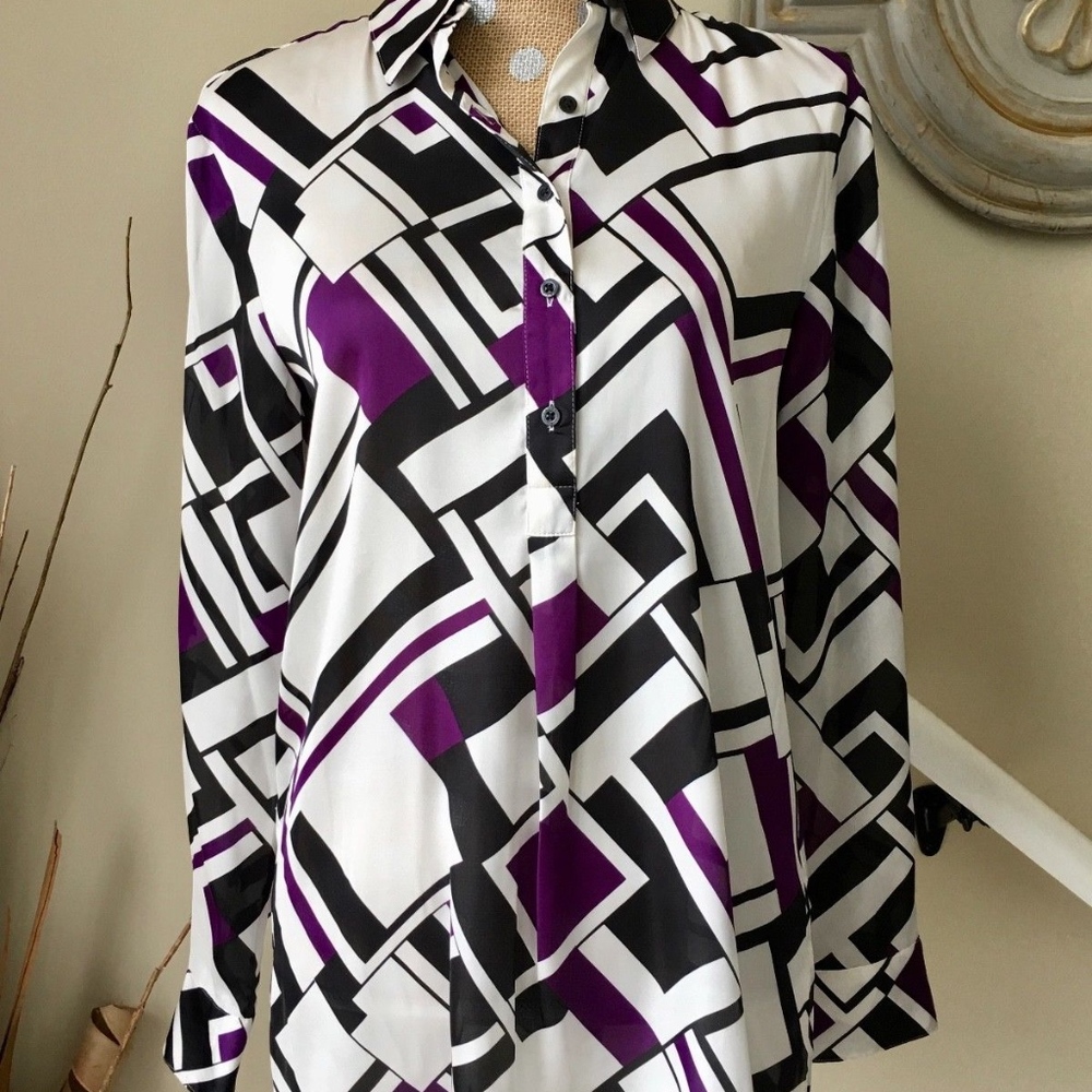 NEW RALPH LAUREN Popover Blouse M Purple White